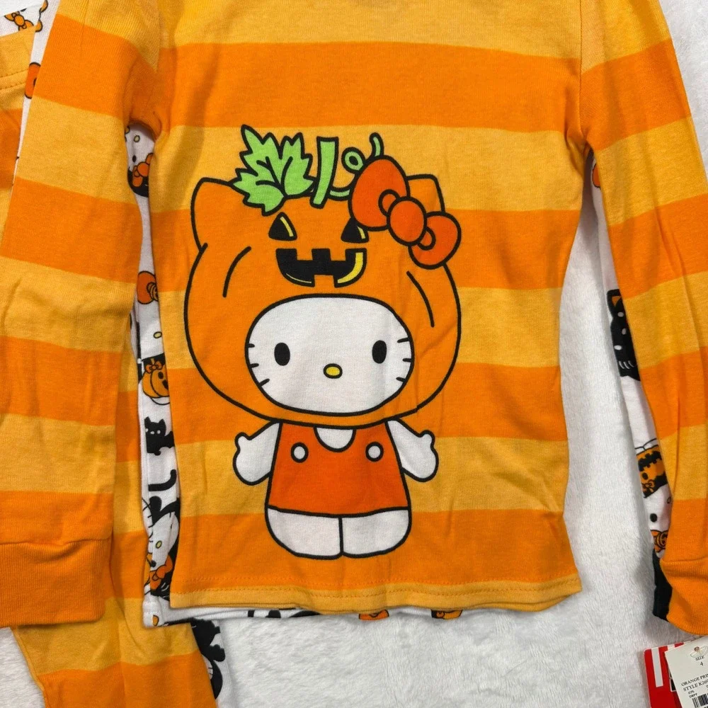 Sanrio Hello Kitty Halloween Pumpkin Orange Striped Pajama Set Kids Size 4 NEW